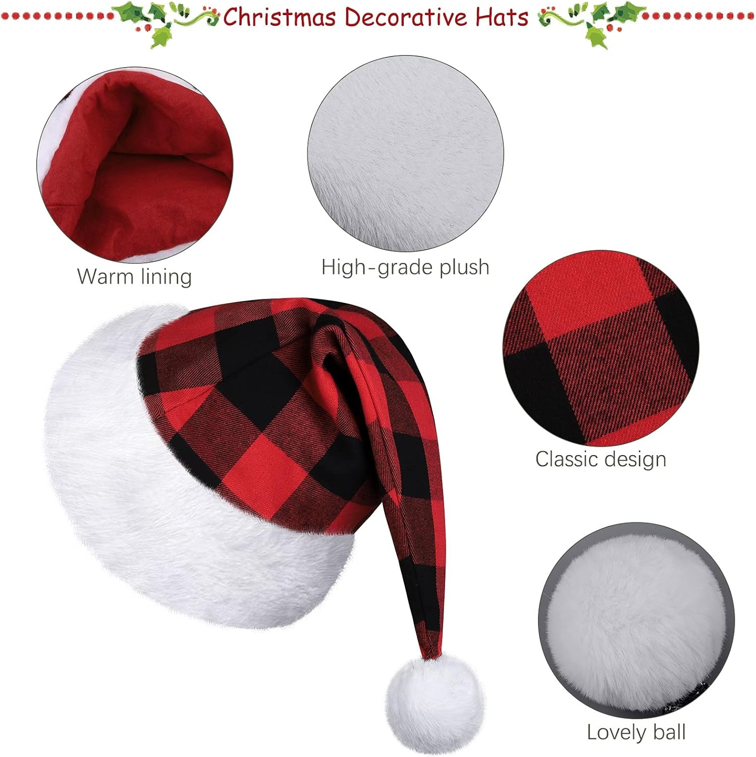 4 Pack Christmas Plaid Hats Snowflake Santa Hat Bulk Funny Christmas Hats for Adults Christmas Party Favors Hats